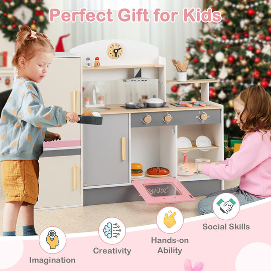 Kids Play Kitchen Set with Realistic Range Hood and Refrigerator