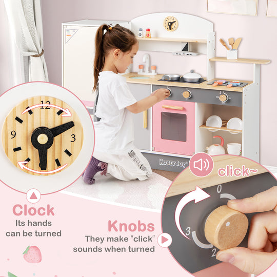 Kids Play Kitchen Set with Realistic Range Hood and Refrigerator