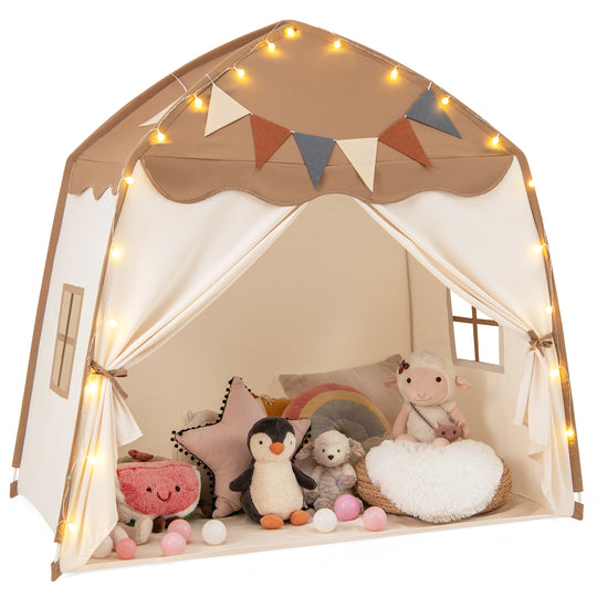 Kids Play Tent Bed Tent with String Lights Extra Large Playhouse Tent-Coffee