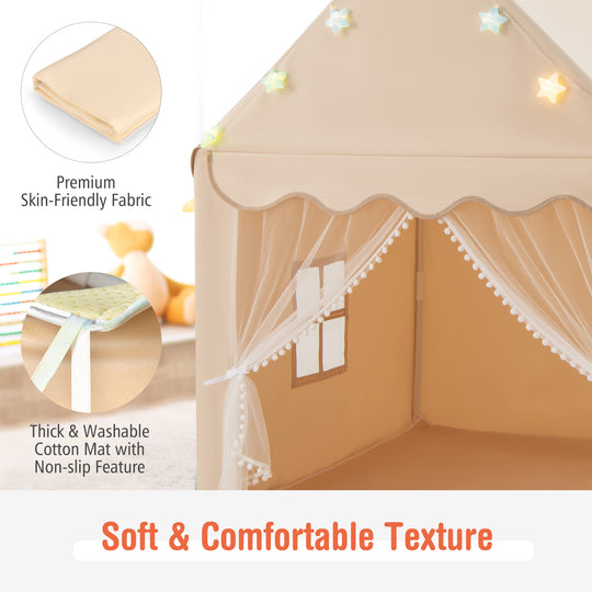 Kids Playhouse Tent with Star Lights and Mat-Beige