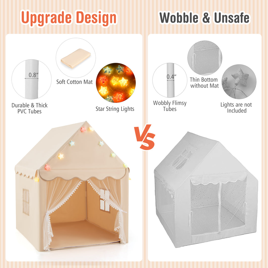 Kids Playhouse Tent with Star Lights and Mat-Beige
