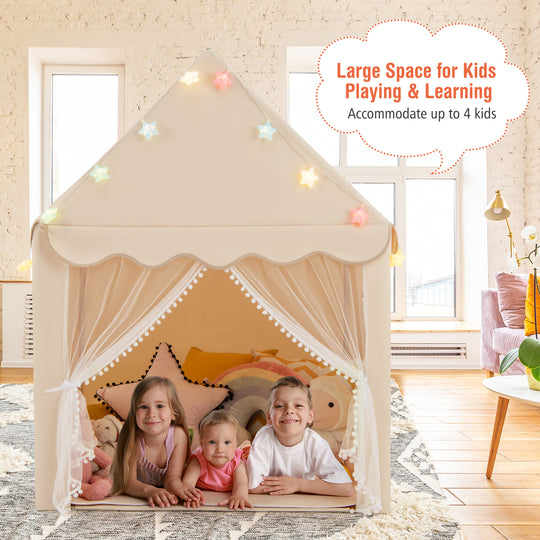 Kids Playhouse Tent with Star Lights and Mat-Beige