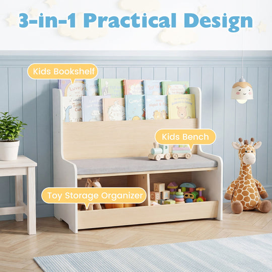 Kids Reading Nook with Bench Bookshelf and 2 Cubbies