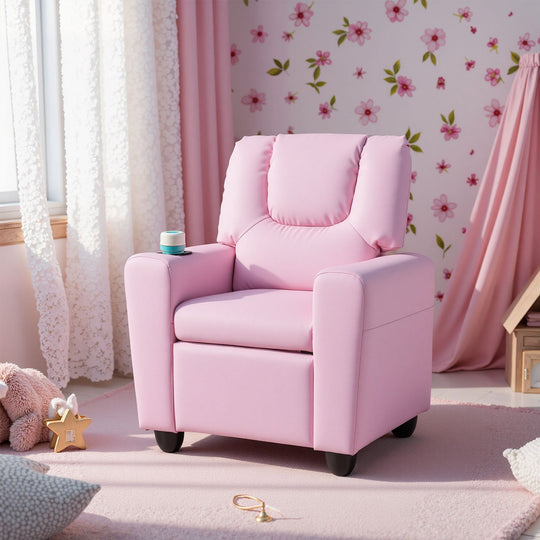 Kids Recliner Chair Push Back Toddler Reclining Armchair with Cup Holder