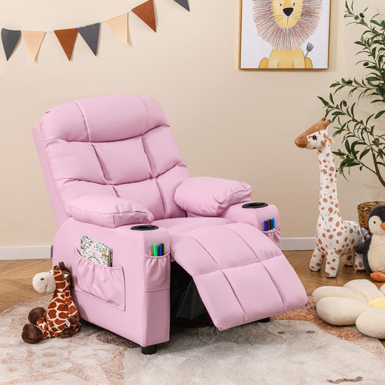 Kids Recliner Chair with Cup Holder and Footrest for Children-Light Pink