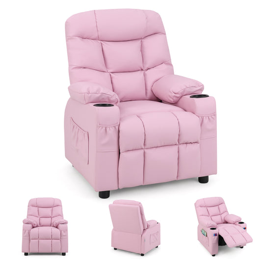 Kids Recliner Chair with Cup Holder and Footrest for Children-Light Pink