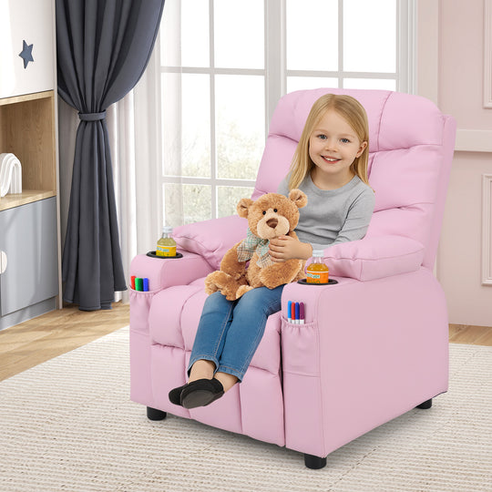 Kids Recliner Chair with Cup Holder and Footrest for Children-Light Pink