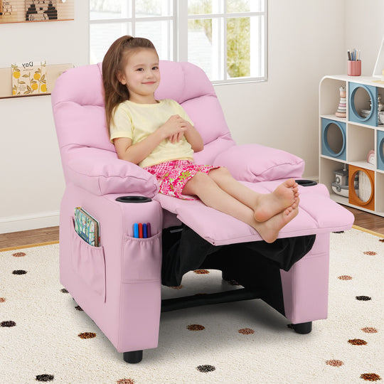 Kids Recliner Chair with Cup Holder and Footrest for Children-Light Pink