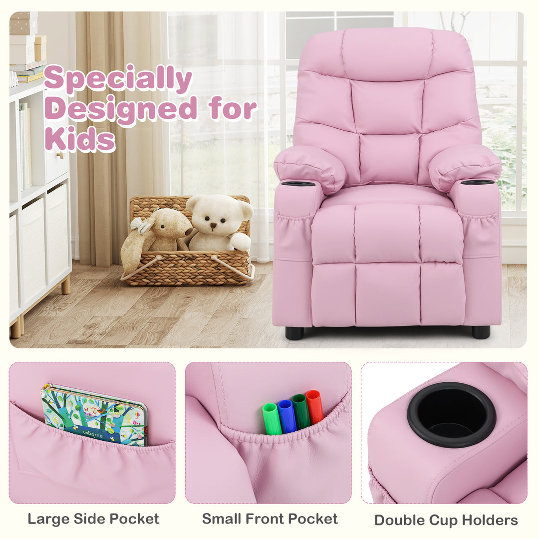 Kids Recliner Chair with Cup Holder and Footrest for Children-Light Pink