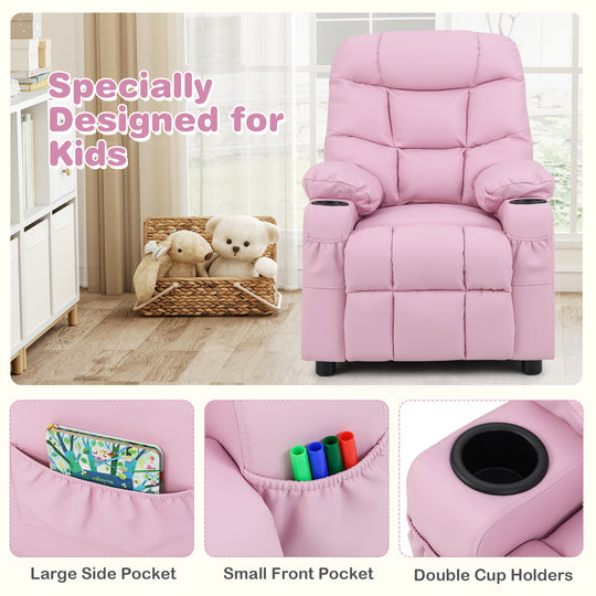 Kids Recliner Chair with Cup Holder and Footrest for Children-Light Pink