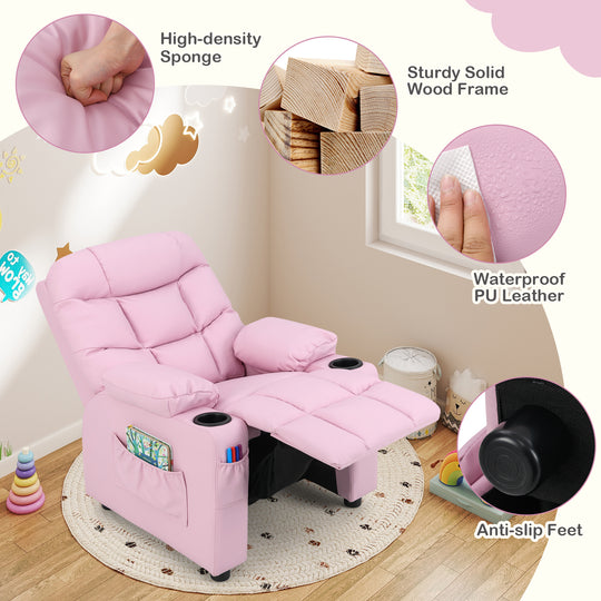 Kids Recliner Chair with Cup Holder and Footrest for Children-Light Pink