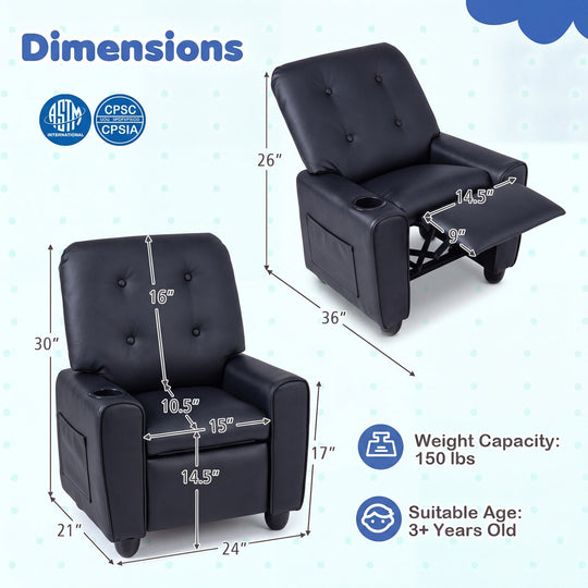 Kids Recliner Chair with Cup Holder & Adjustable Backrest