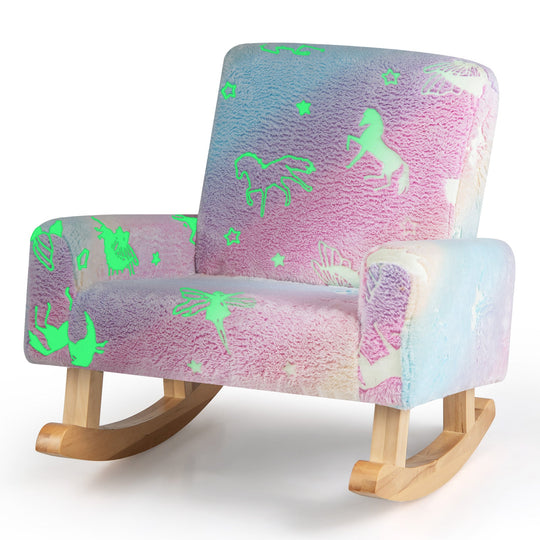 Kids Rocking Chair Upholstered Flannel Children Rocker with Solid Poplar Wood Rocking Feet