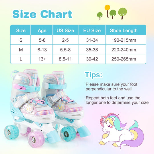 Kids Roller Skates 4 Sizes Adjustable Quad Skates with Light-up Wheels and Safety Protection