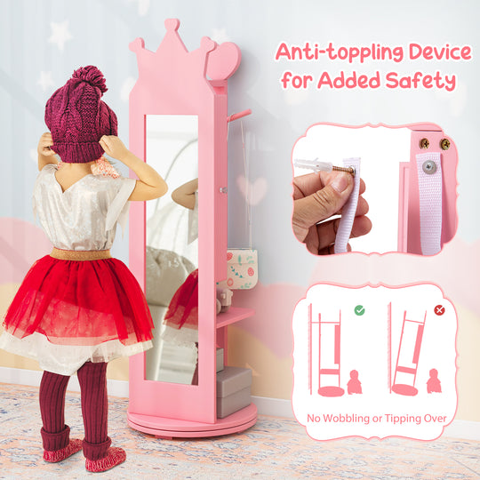 Kids Room Furniture Set Princess Vanity Table and Stool Set with Mirror and Drawer-Pink