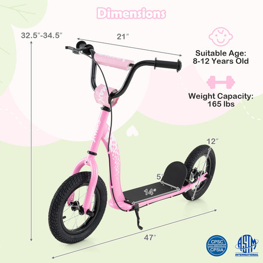 Kids Scooter Youth Kick Scooter with Adjustable Height Handlebar 12-Inch Inflatable Wheels