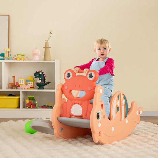 3-in-1 Kids Slide Rocking Horse Set Convertible Toddler Slide with Basketball Hoop-Pink