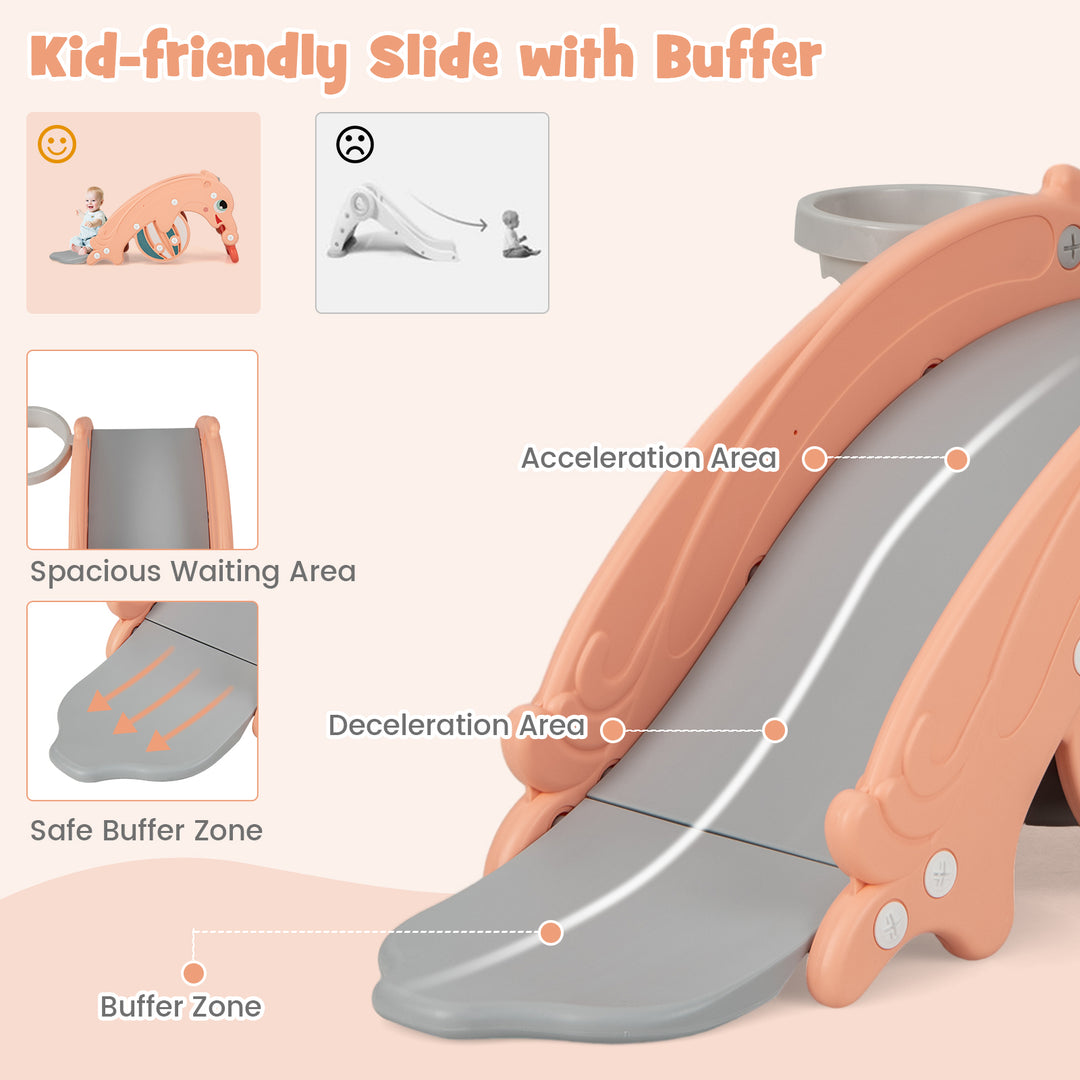 3-in-1 Kids Slide Rocking Horse Set Convertible Toddler Slide with Basketball Hoop-Pink