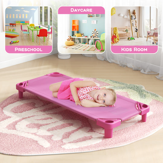 Kids Stackable Daycare Cot Pack of 6 with Detachable Oxford Cloth-Pink