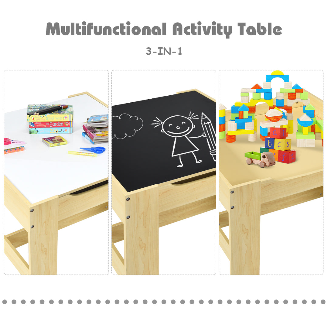 Kids Table Chairs Set With Storage Boxes Blackboard Whiteboard Drawing-Natural
