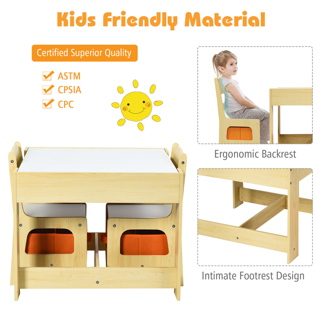 Kids Table Chairs Set With Storage Boxes Blackboard Whiteboard Drawing-Natural