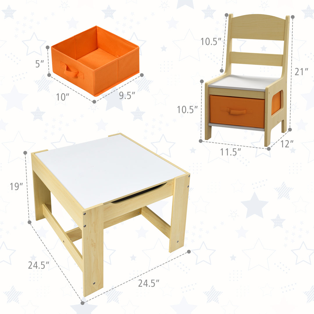 Kids Table Chairs Set With Storage Boxes Blackboard Whiteboard Drawing-Natural