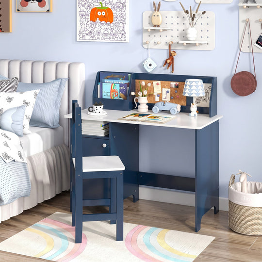Kids Study Table and Chair Set with Bookshelf and Cabinet