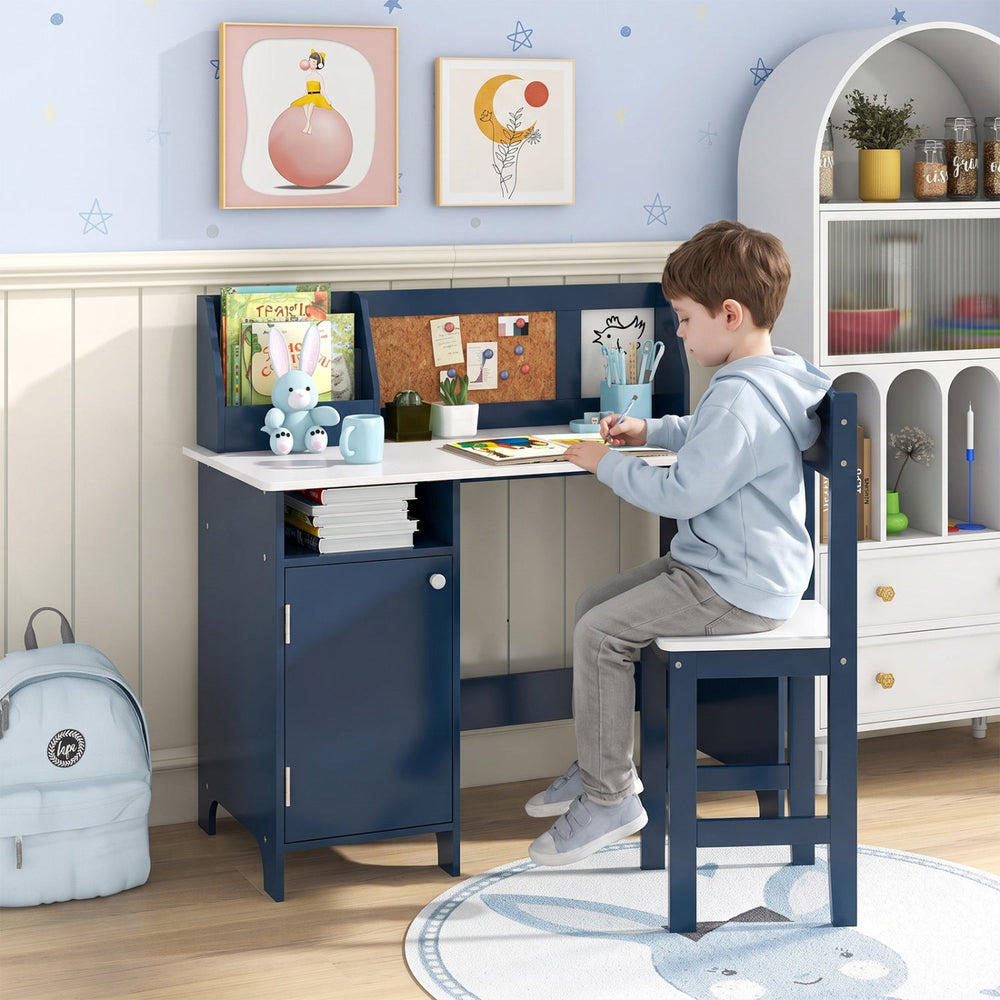 Kids Study Table and Chair Set with Bookshelf and Cabinet