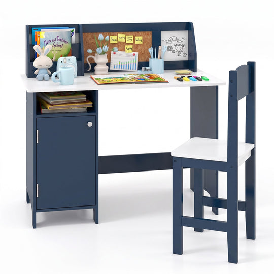 Kids Study Table and Chair Set with Bookshelf and Cabinet