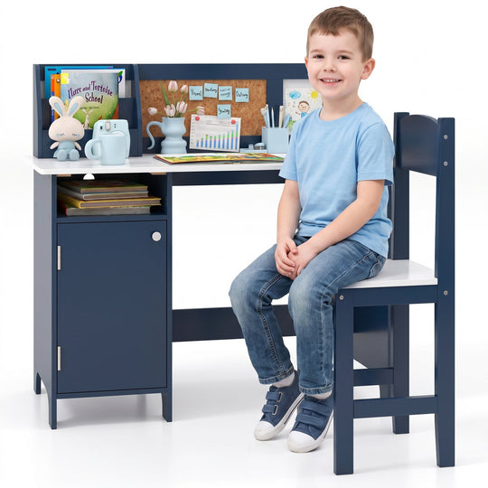 Kids Study Table and Chair Set with Bookshelf and Cabinet