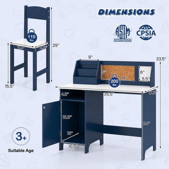 Kids Study Table and Chair Set with Bookshelf and Cabinet