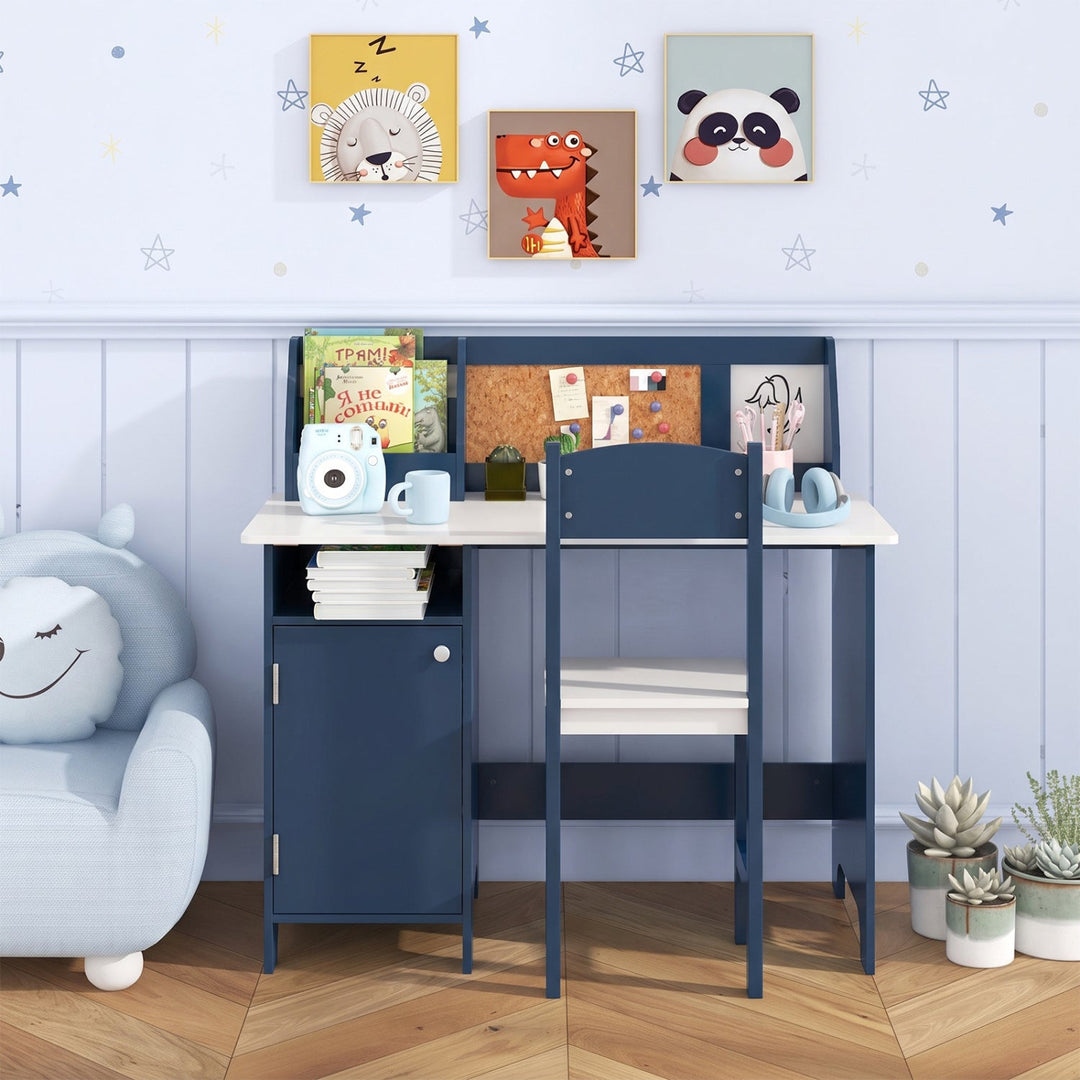 Kids Study Table and Chair Set with Bookshelf and Cabinet