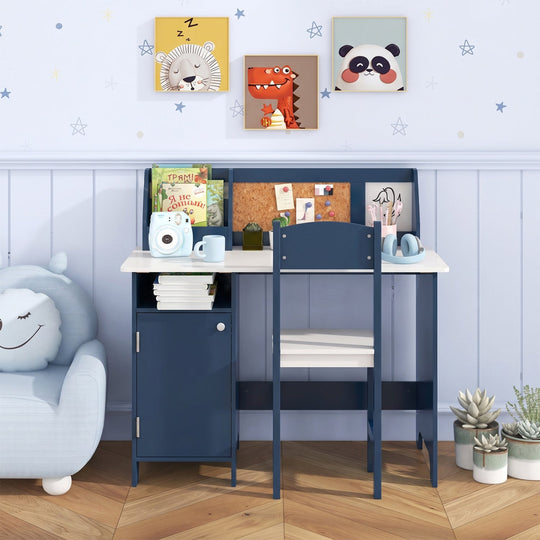 Kids Study Table and Chair Set with Bookshelf and Cabinet