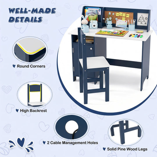 Kids Study Table and Chair Set with Bookshelf and Cabinet
