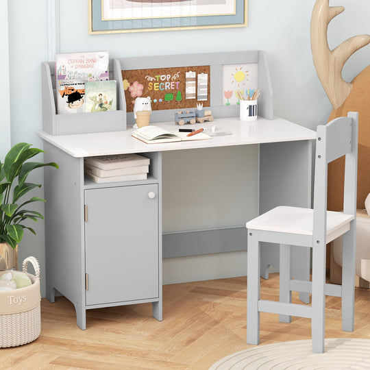 Kids Study Table and Chair Set with Bookshelf and Cabinet