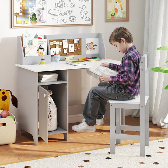 Kids Study Table and Chair Set with Bookshelf and Cabinet