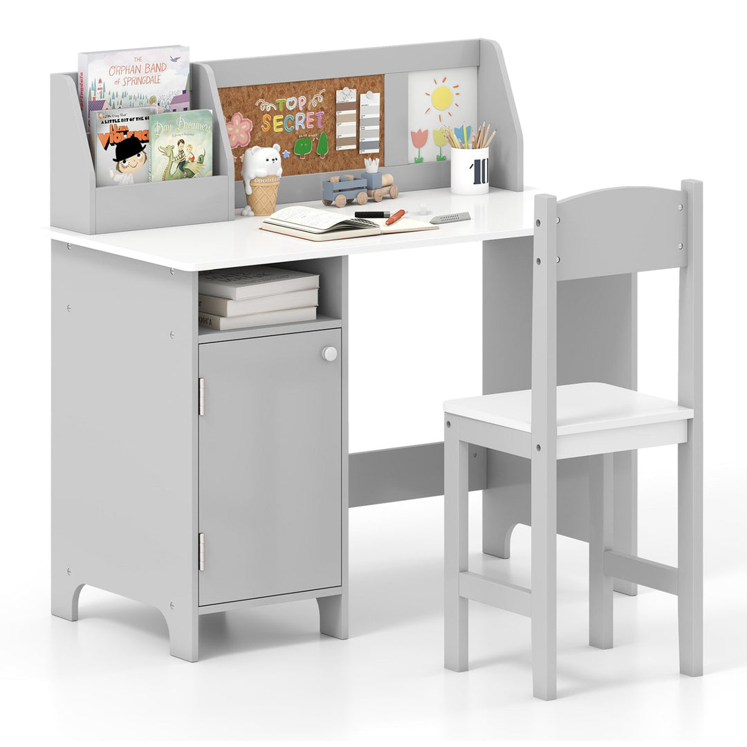 Kids Study Table and Chair Set with Bookshelf and Cabinet