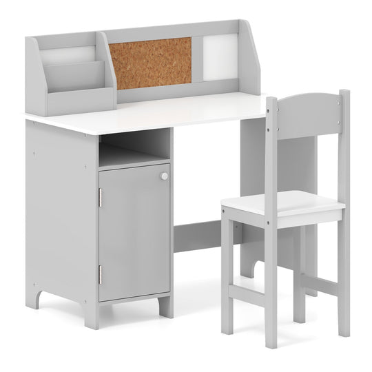 Kids Study Table and Chair Set with Bookshelf and Cabinet