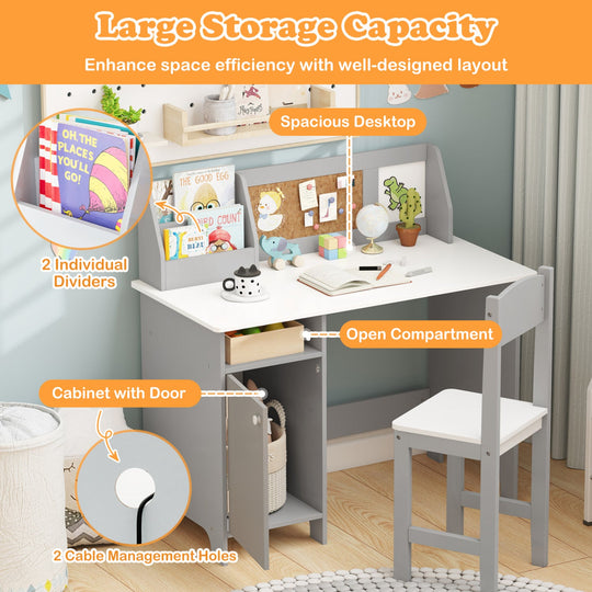 Kids Study Table and Chair Set with Bookshelf and Cabinet