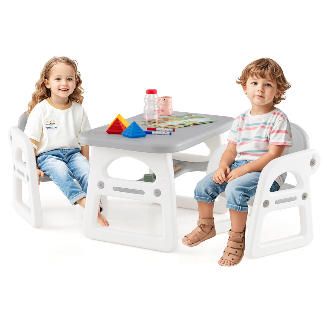Kids Table and Chair Set with Building Blocks-Gray