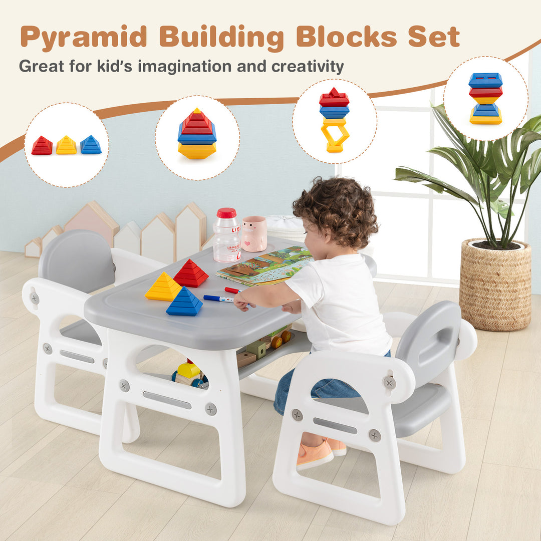 Kids Table and Chair Set with Building Blocks-Gray