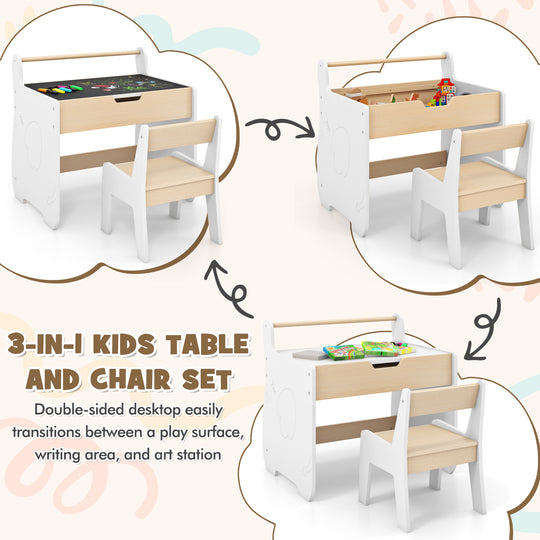 Kids Table and Chair Set with 2 in 1 Detachable Tabletop and Storage-White