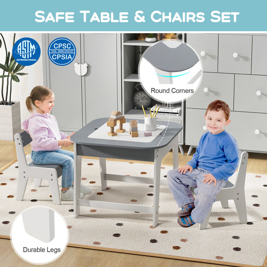 Kid's Table and Chairs Set with Double-sized Tabletop-Gray