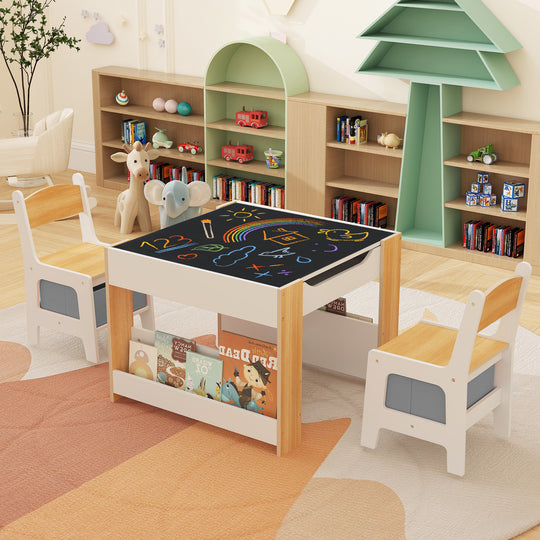 4 in 1 Kids Toddler Activity Table and Chairs Set with Reversible Tabletop-Natural