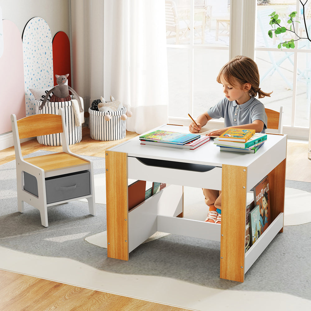 4 in 1 Kids Toddler Activity Table and Chairs Set with Reversible Tabletop-Natural