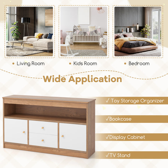 Kids Toy Storage Organizer with Open Shelf and 2 Drawers for Playroom-Natural