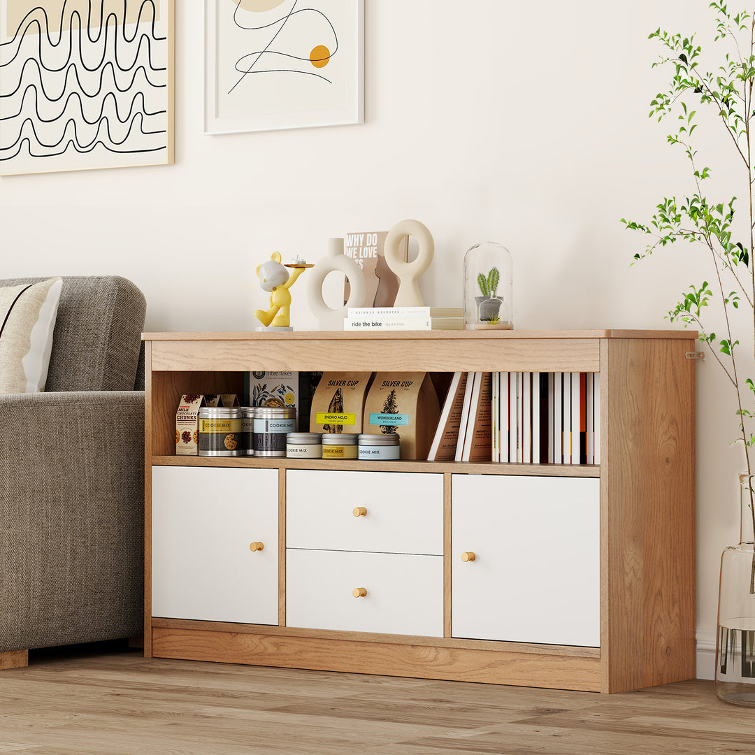 Kids Toy Storage Organizer with Open Shelf and 2 Drawers for Playroom-Natural