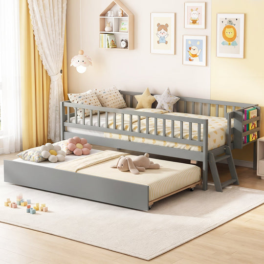 Twin Bed with Trundle, Bookshelf & Ladder for Kids