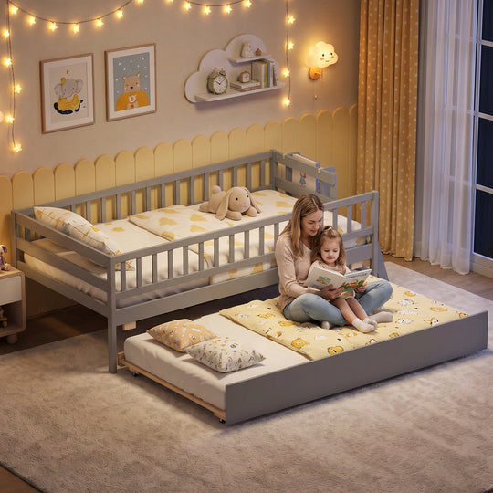Twin Bed with Trundle, Bookshelf & Ladder for Kids