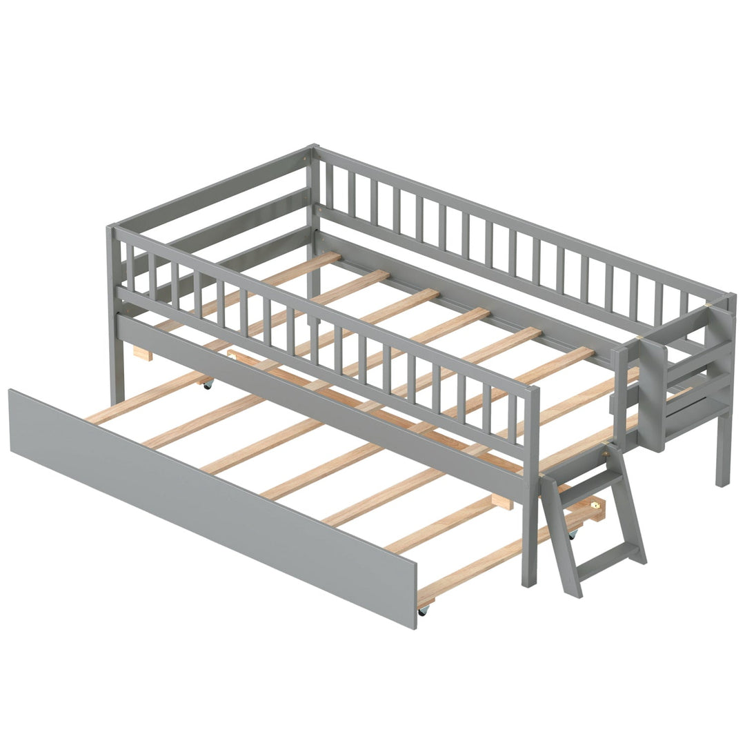 Twin Bed with Trundle, Bookshelf & Ladder for Kids